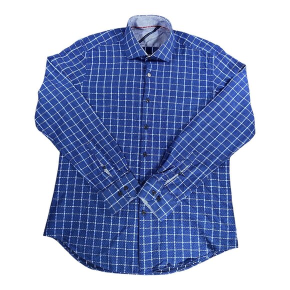 Fredrick Martin Shirt Mens M Cotton Blue Plaid Textured Embroidered Logo Pocket - Picture 2 of 16